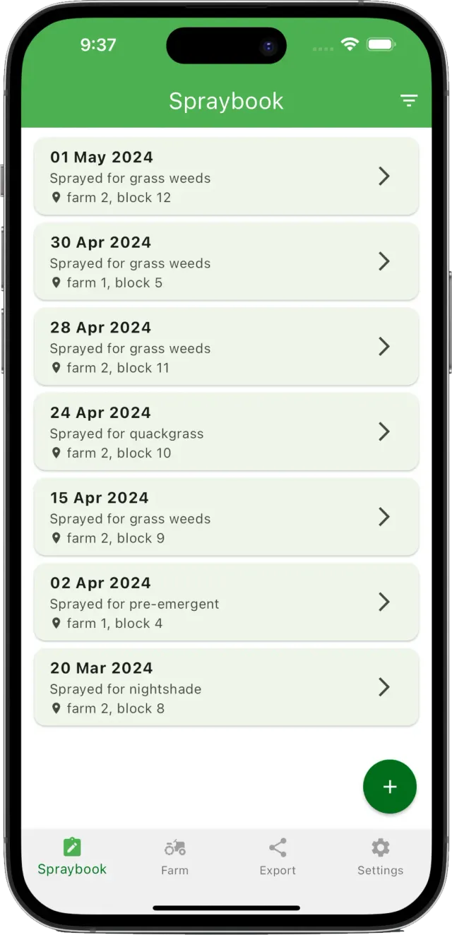 Spraybook spray record list on a mobile phone
