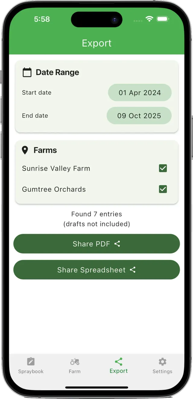 Spraybook PDF and spreadsheet export options