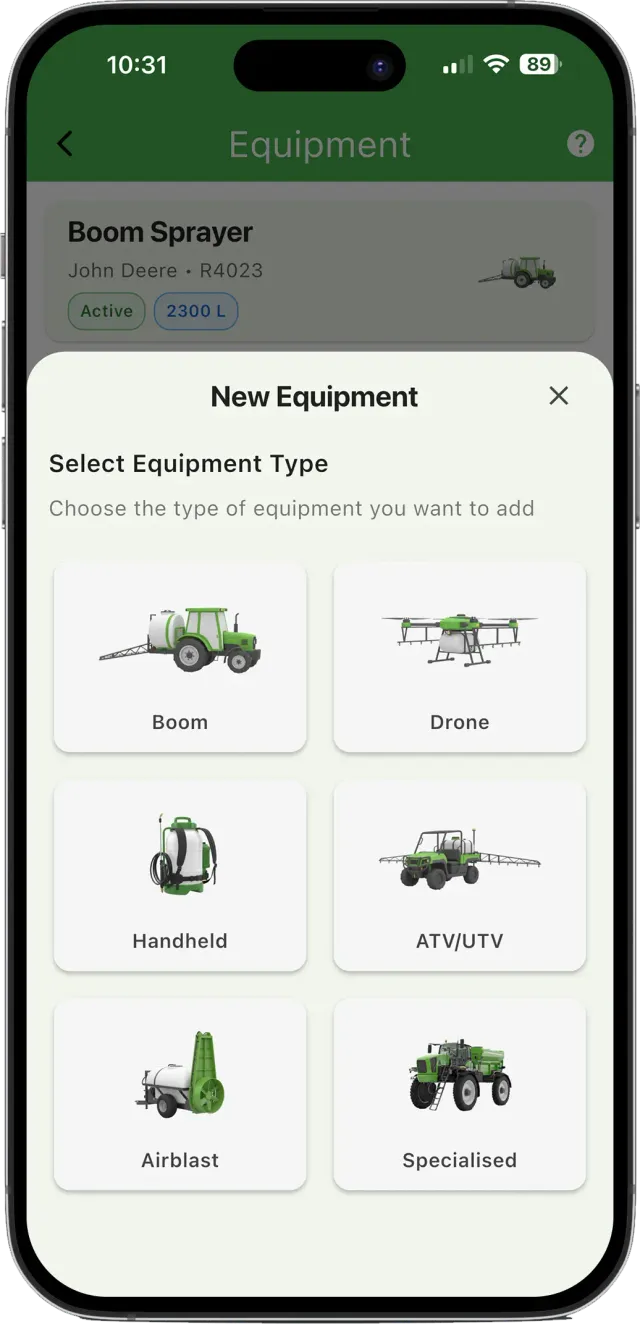 Spraybook equipment selection for six types of sprayers