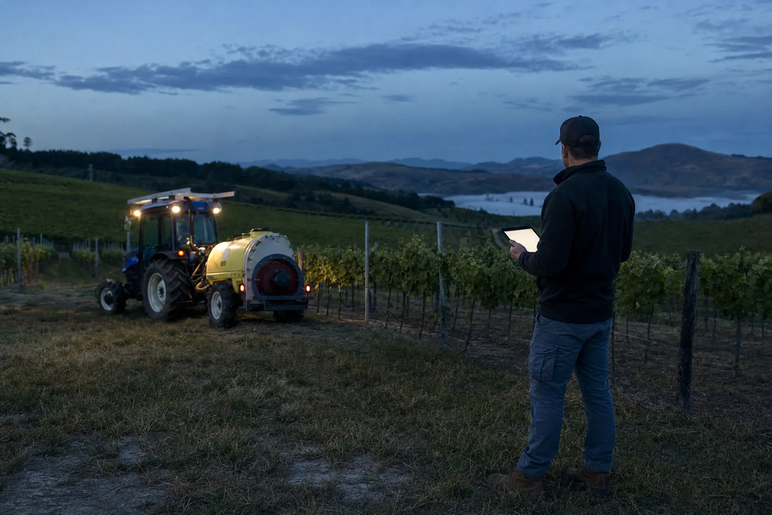 Operator completing a digital chemical-application record beside a stopped vineyard sprayer at blue-hour dusk