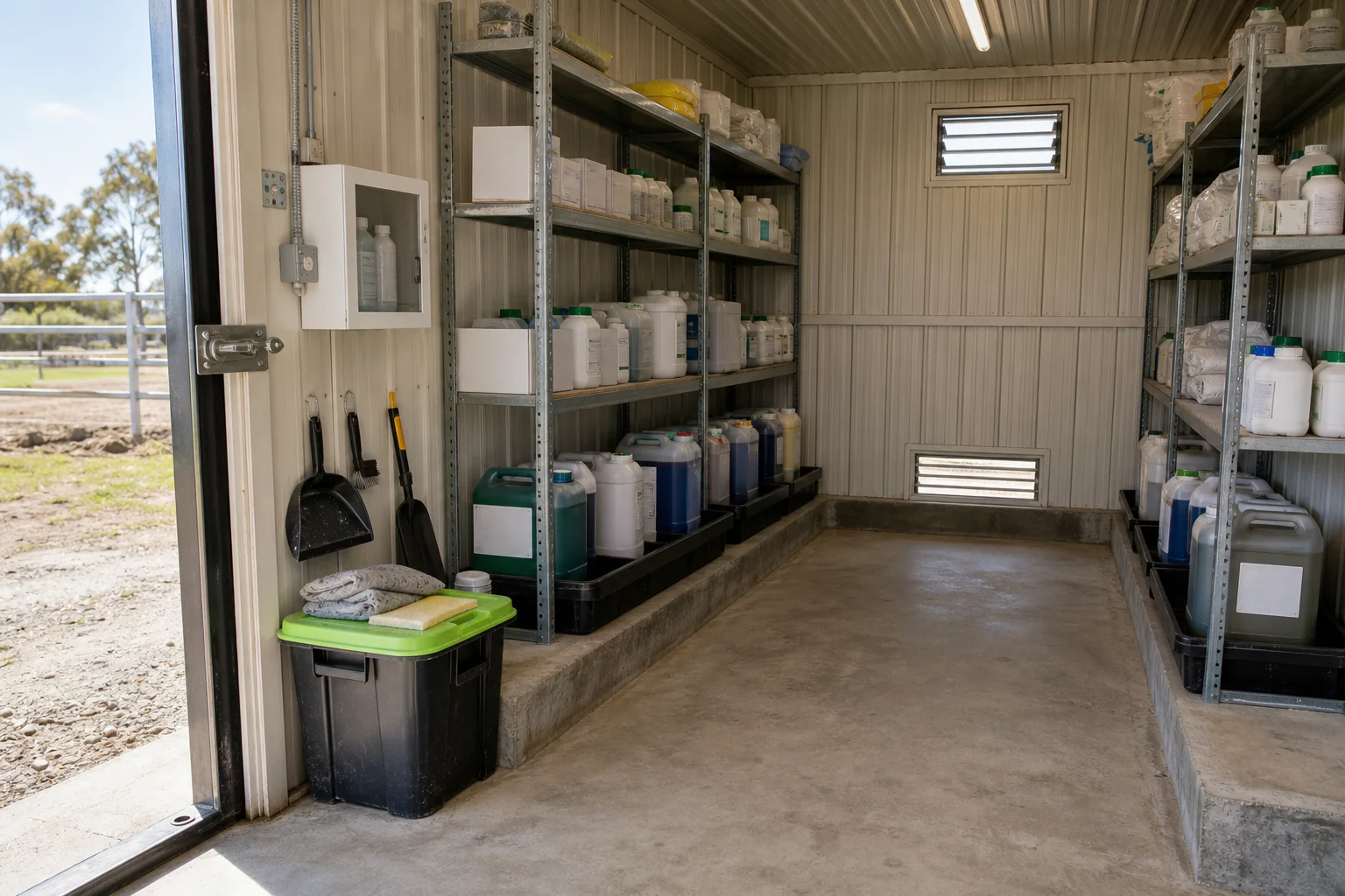 Orderly agricultural chemical store with sealed containers on metal shelving, secondary-containment trays, a bunded floor, ventilation and spill-response equipment