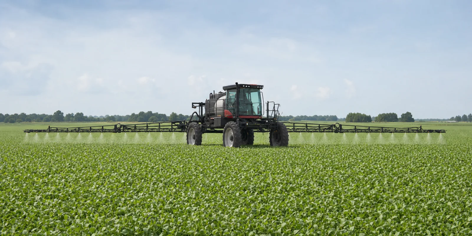 Modern enclosed-cab boom sprayer applying a uniform spray directly beneath extended booms over a green crop