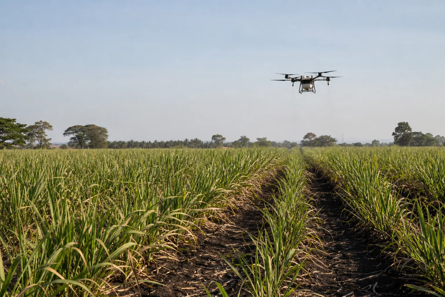 Agricultural spray drone flying low over a crop and applying a restrained downward spray beneath its central tank