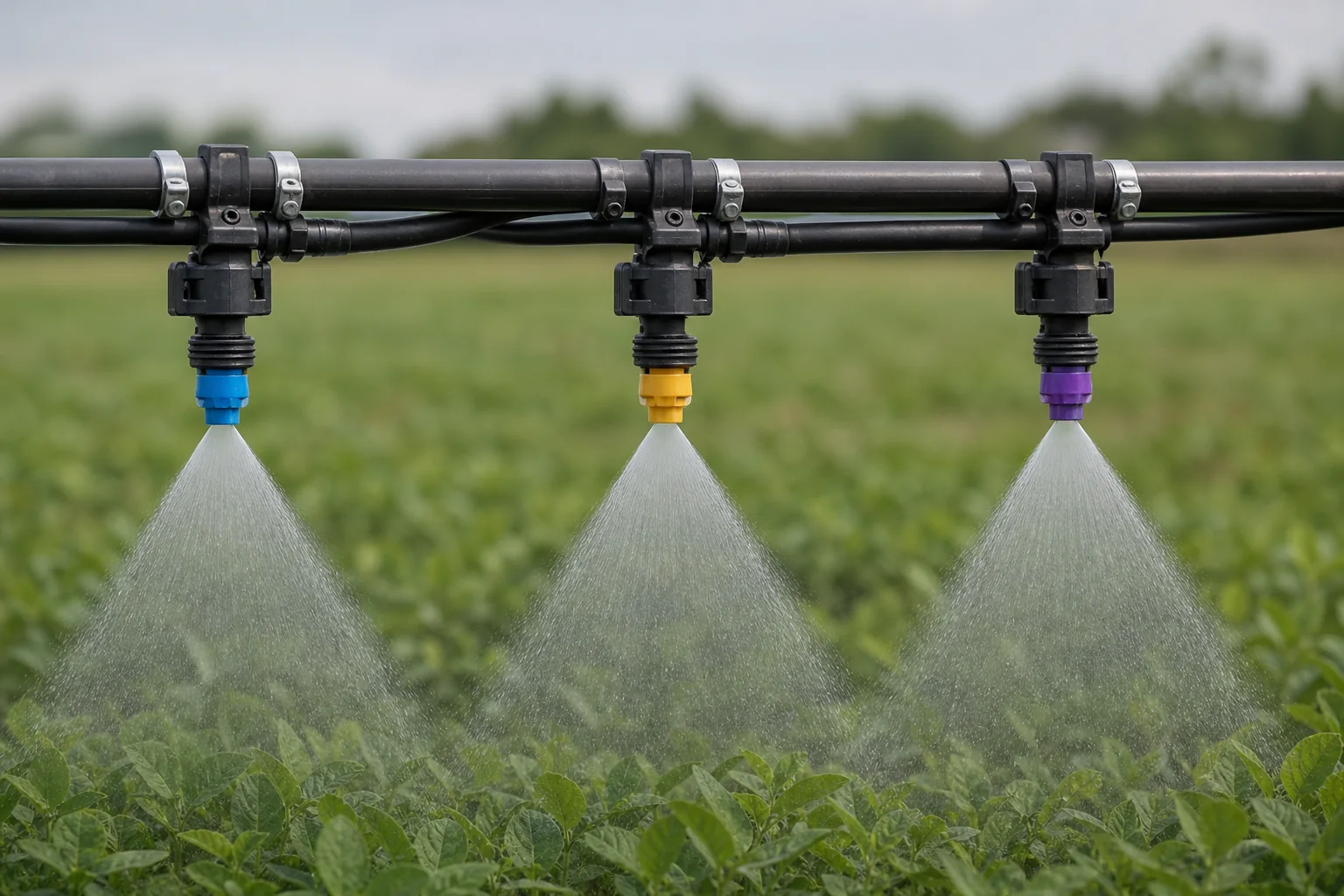 Three agricultural spray nozzles mounted beneath a boom and producing aligned downward spray patterns over a crop