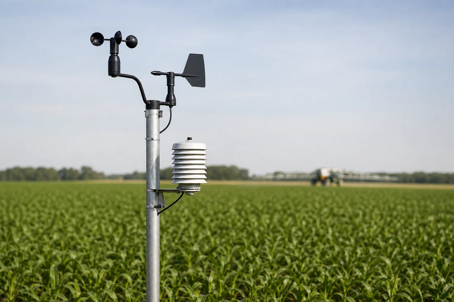 Agricultural weather station with an anemometer, wind vane and shielded temperature and humidity sensor beside a crop field