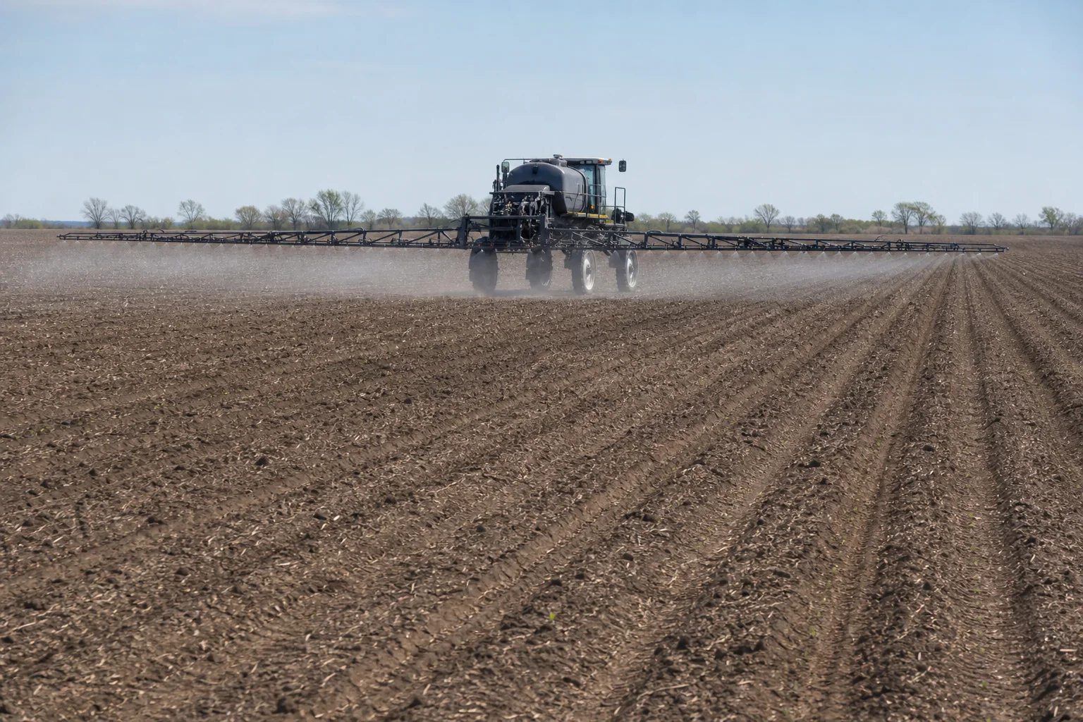 Enclosed-cab boom sprayer applying across a recently planted dirt field in a light crosswind, with furrows aligned to its direction of travel
