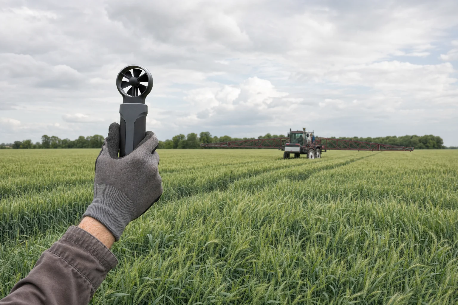 Gloved operator holding a handheld wind meter at the edge of a cereal crop while a boom sprayer waits in the distance under broken cloud